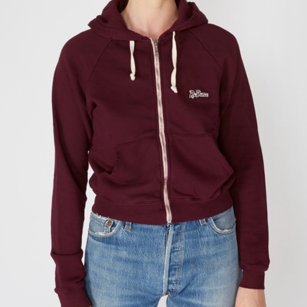 Re/Done Chain Stitch Burgundy Zip Up Hoodie